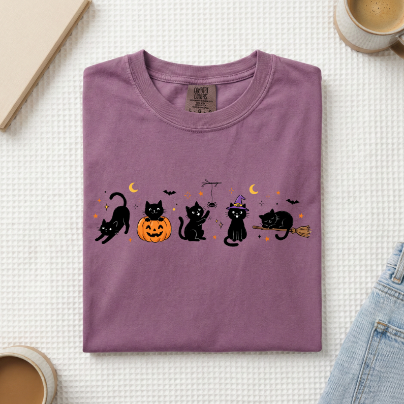 Halloween Black Cats Doodle T-Shirt (A)