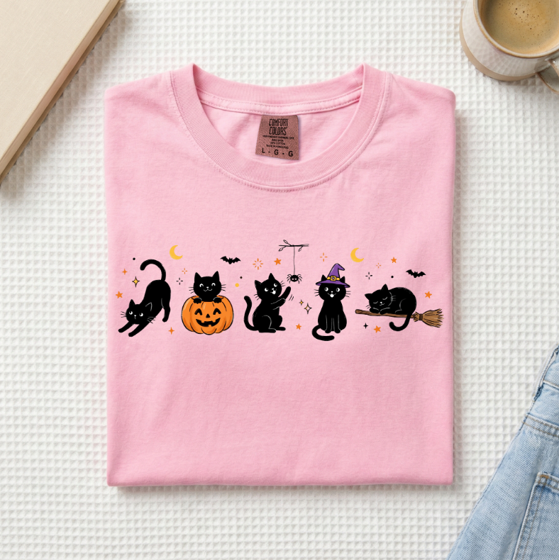 Halloween Black Cats Doodle T-Shirt (A)