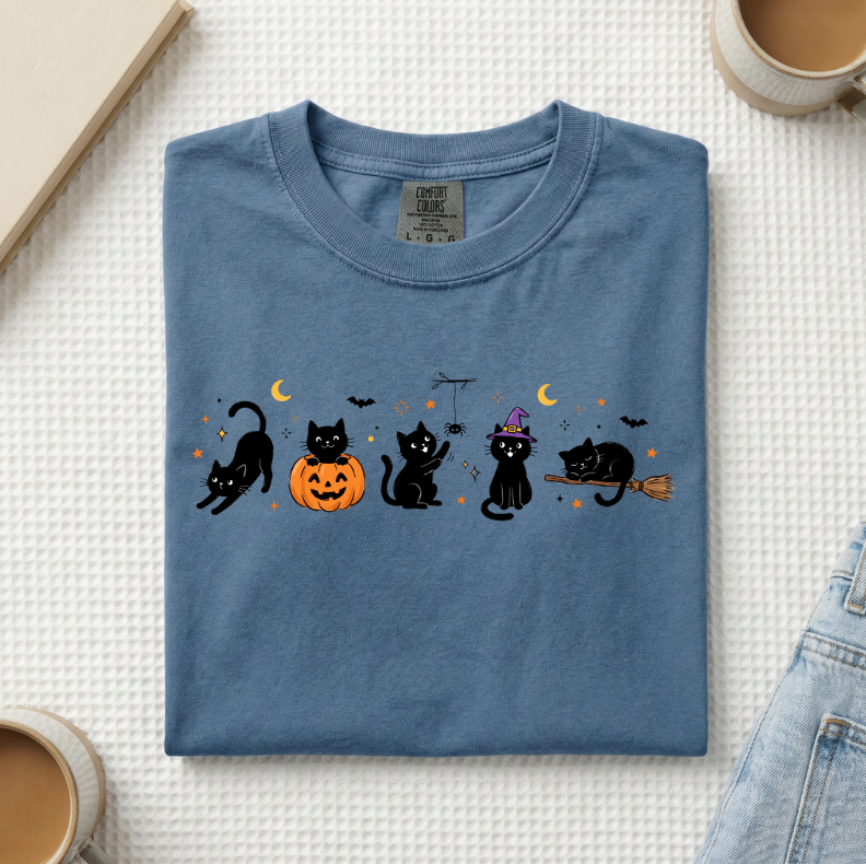 Halloween Black Cats Doodle T-Shirt (A)