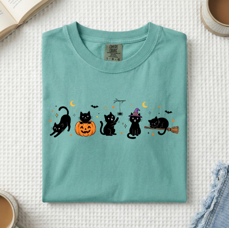 Halloween Black Cats Doodle T-Shirt (A)