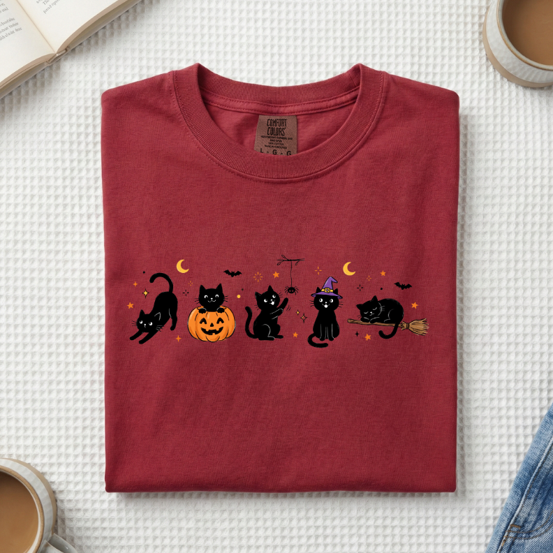 Halloween Black Cats Doodle T-Shirt (A)