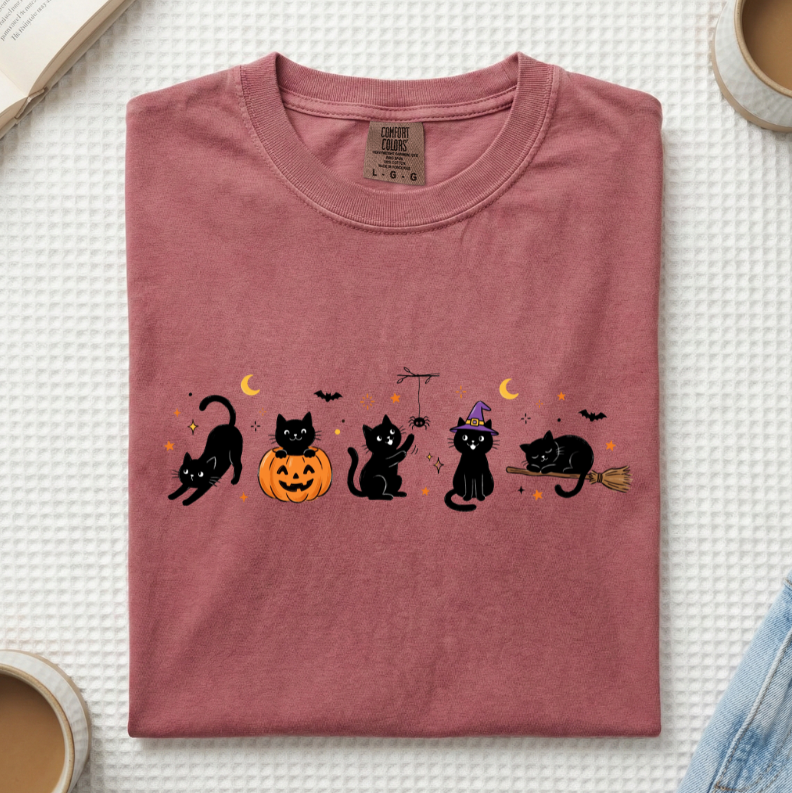 Halloween Black Cats Doodle T-Shirt (A)