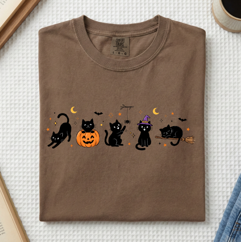 Halloween Black Cats Doodle T-Shirt (A)