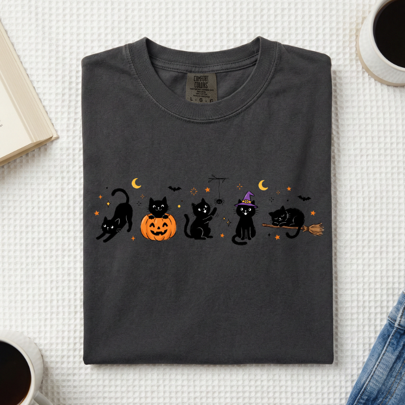 Halloween Black Cats Doodle T-Shirt (A)