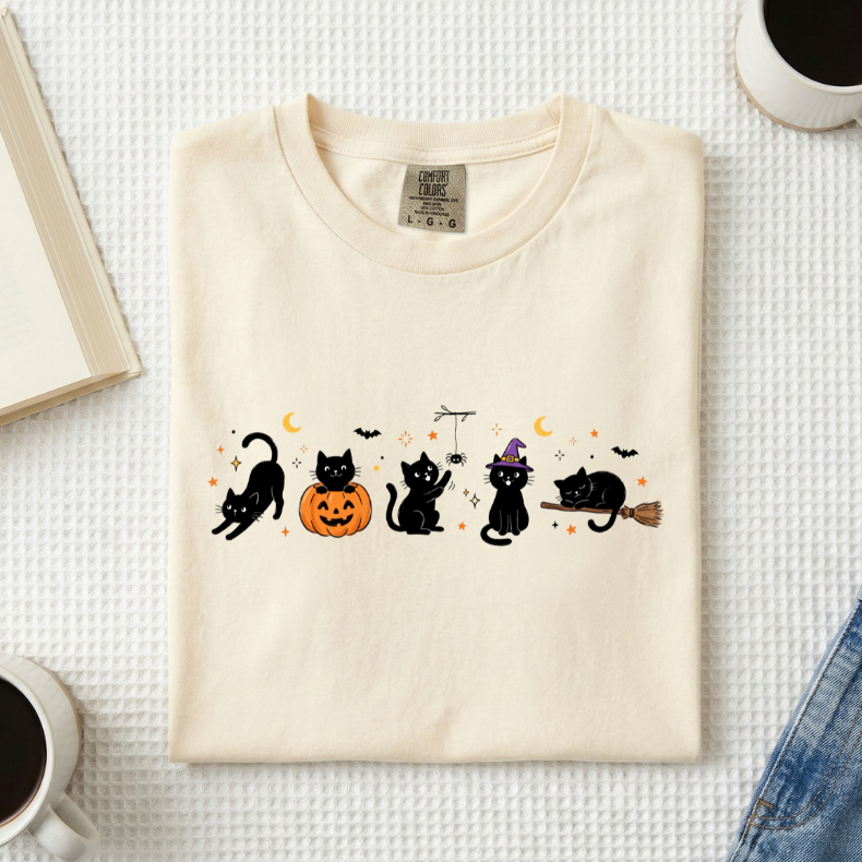 Halloween Black Cats Doodle T-Shirt (A)