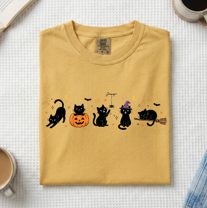 Halloween Black Cats Doodle T-Shirt (A)