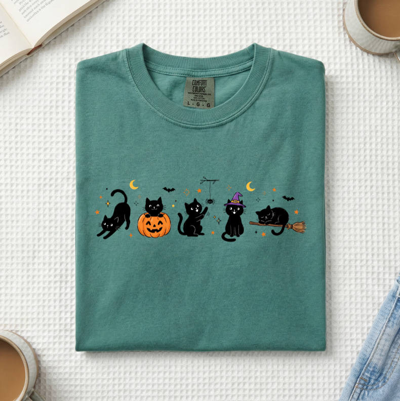Halloween Black Cats Doodle T-Shirt (A)