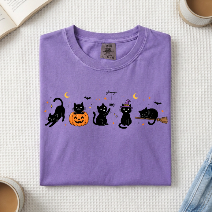 Halloween Black Cats Doodle T-Shirt (A)