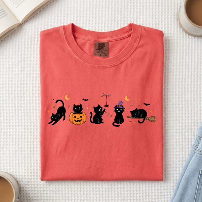 Halloween Black Cats Doodle T-Shirt (A)