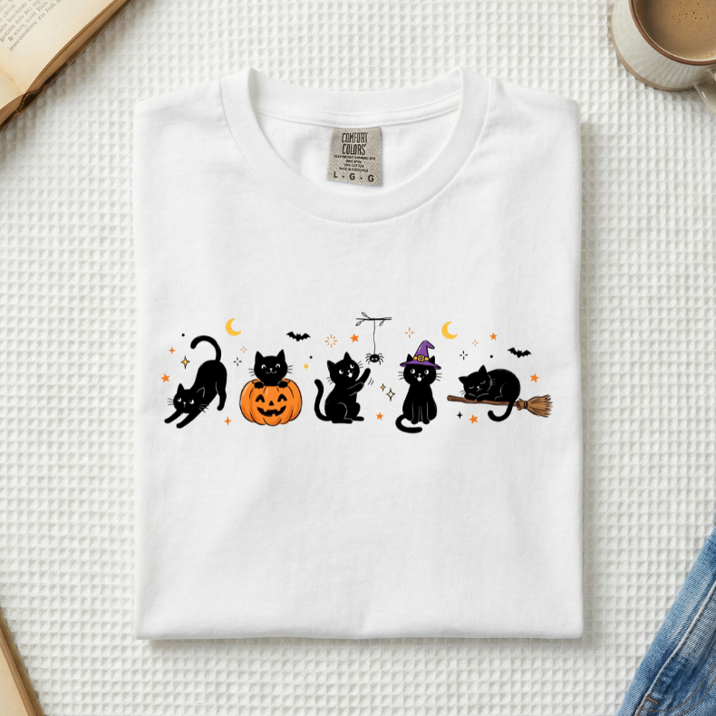 Halloween Black Cats Doodle T-Shirt (A)