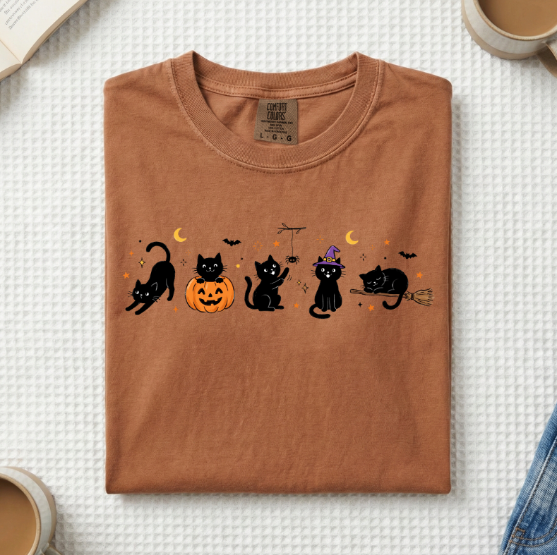 Halloween Black Cats Doodle T-Shirt (A)